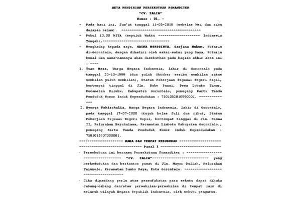 akta pendirian cv persekutuan komanditer